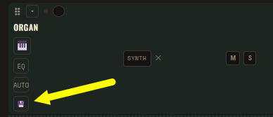 Arrow pointing at the save-to-profile disk icon on a synth track in OCTA/8